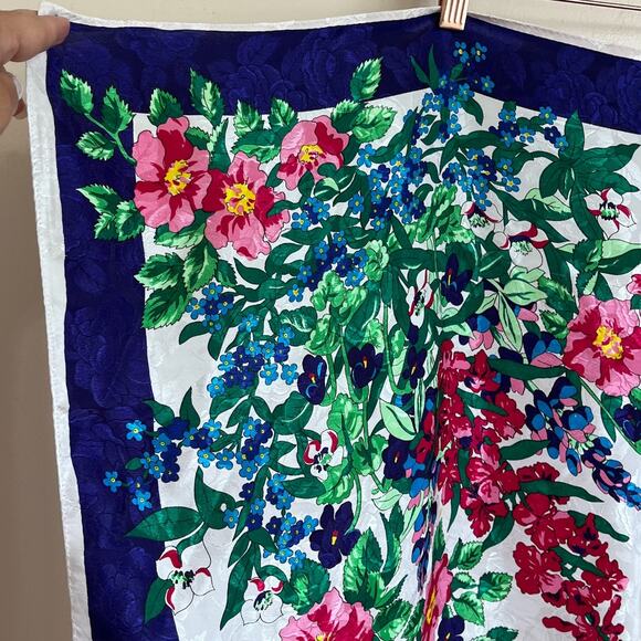 Vintage Alaska Scarf Co Floral Water Silk Scarf 34 X 34 Blue Pink Green Tropical - Picture 6 of 9